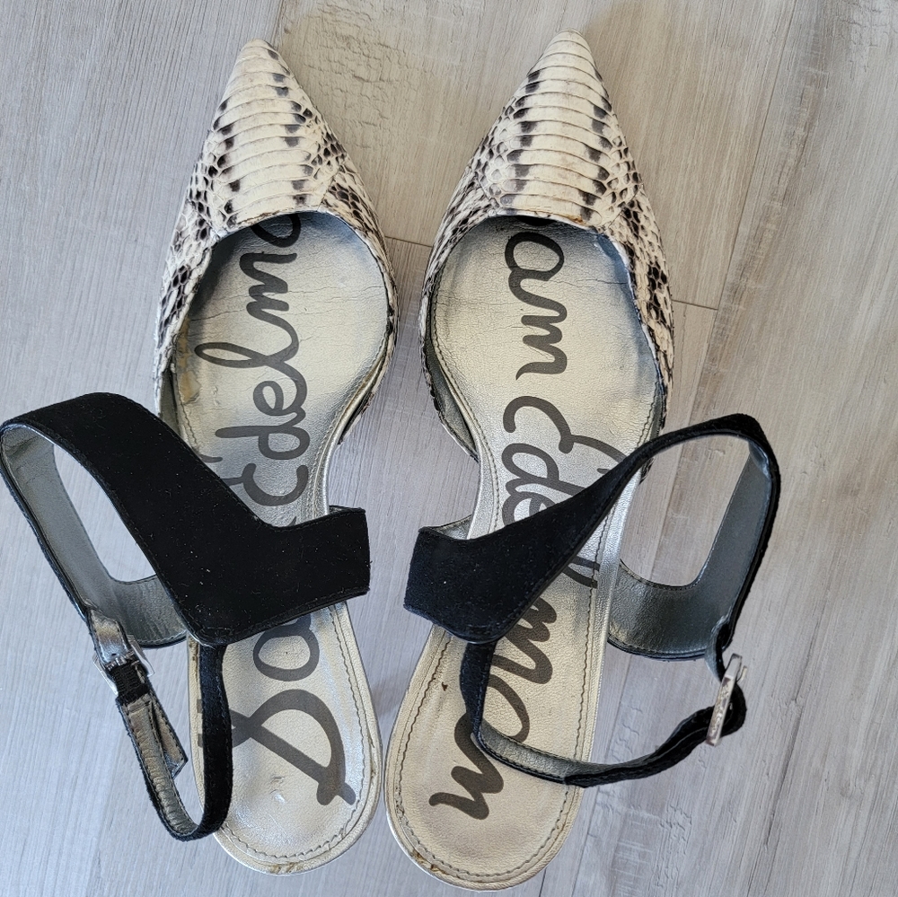 Mid heel pointy open back snake skin print shoes, US 9 1/2, white and dark gray
